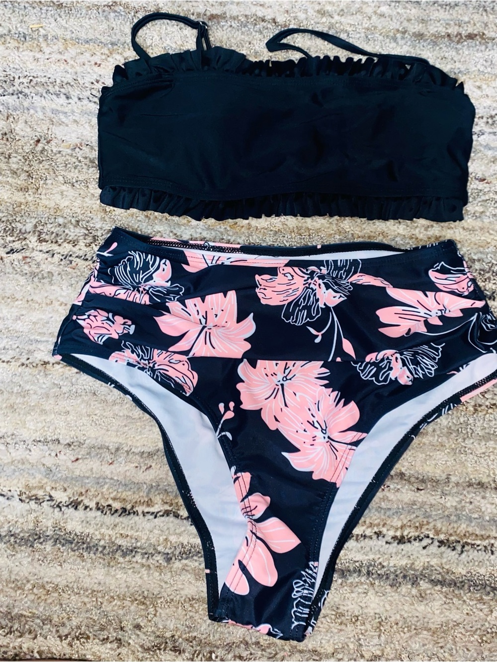 SHEIN Black Bandeau Bikini Top with Black & Pink Floral High-Waist Bottoms